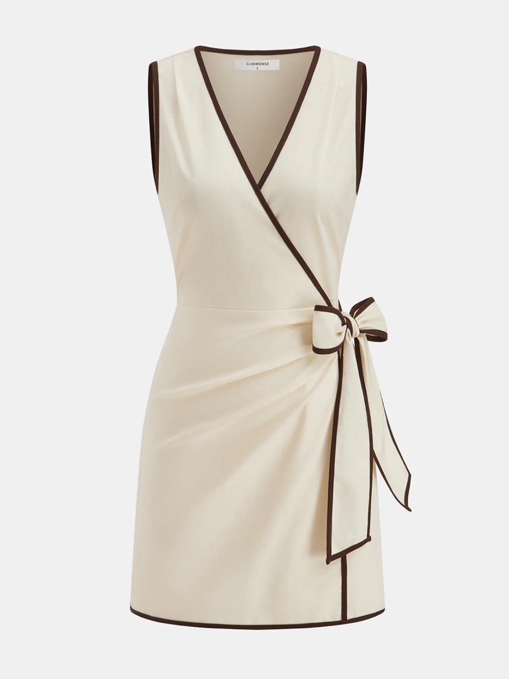 NWT Commense Linen Blend Cream Wrap Dress with Brown Trim